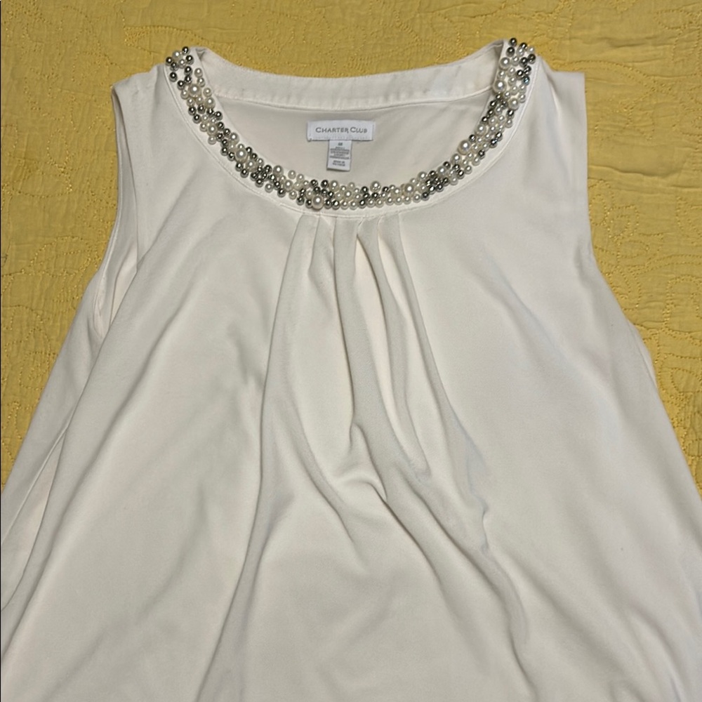 Charter Club White Sleeveless Embellished Blouse